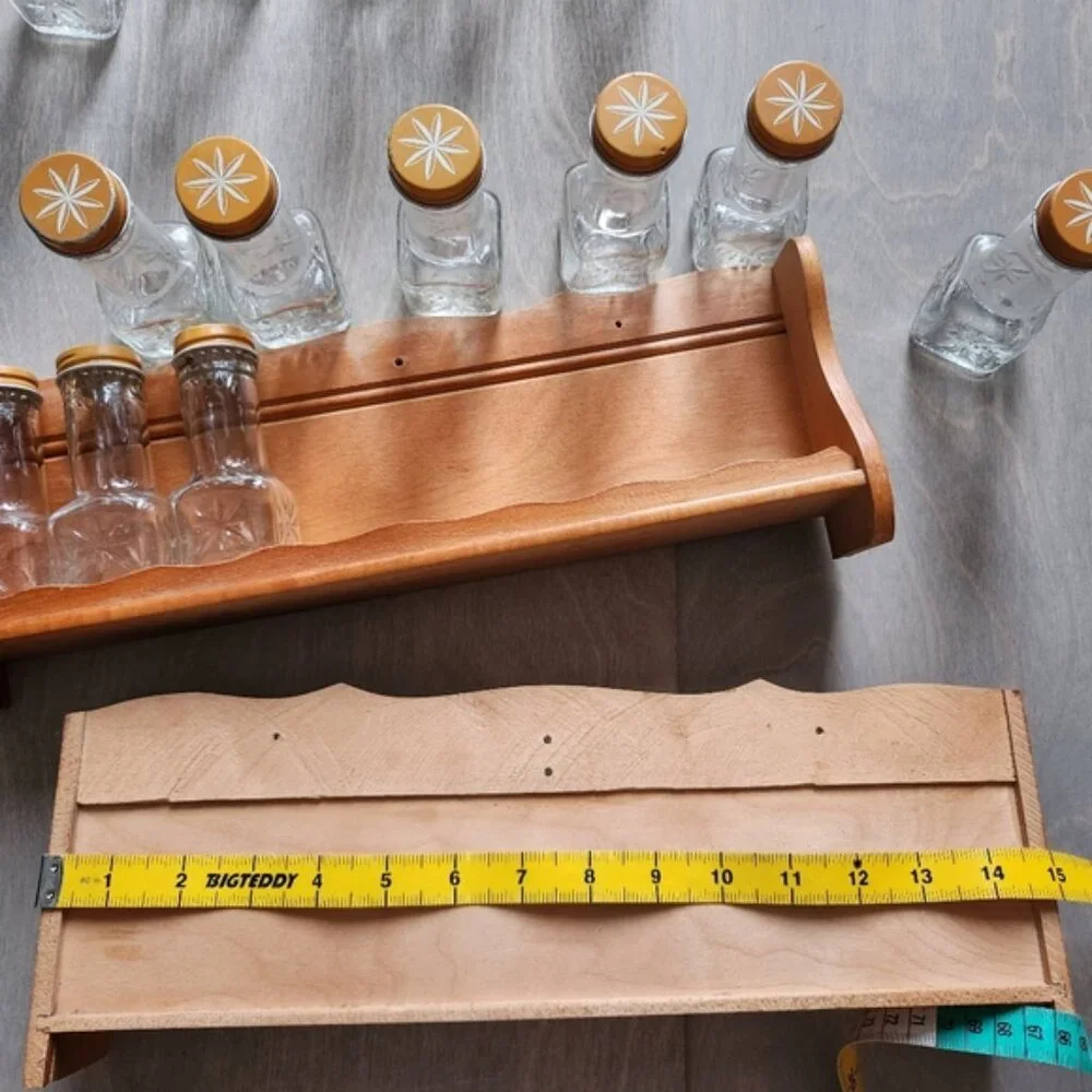 70's Wooden Spice‎ Rack with Glass Jars